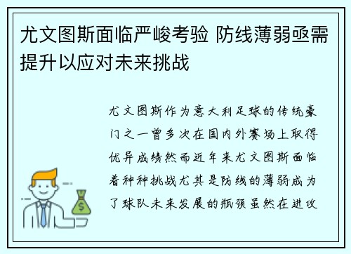 尤文图斯面临严峻考验 防线薄弱亟需提升以应对未来挑战