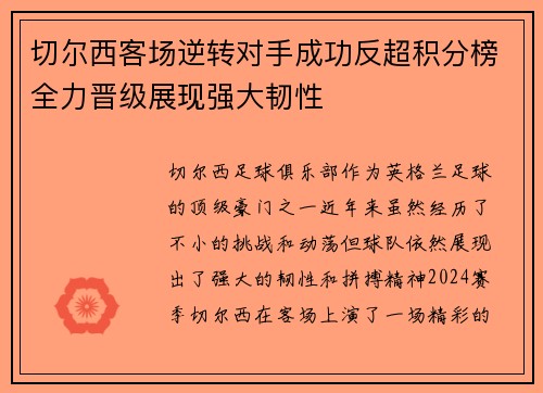 切尔西客场逆转对手成功反超积分榜全力晋级展现强大韧性