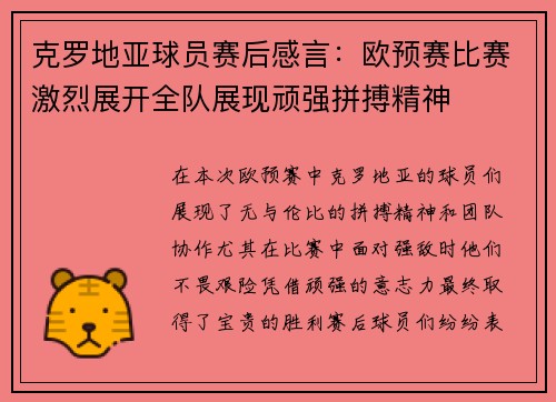 克罗地亚球员赛后感言：欧预赛比赛激烈展开全队展现顽强拼搏精神