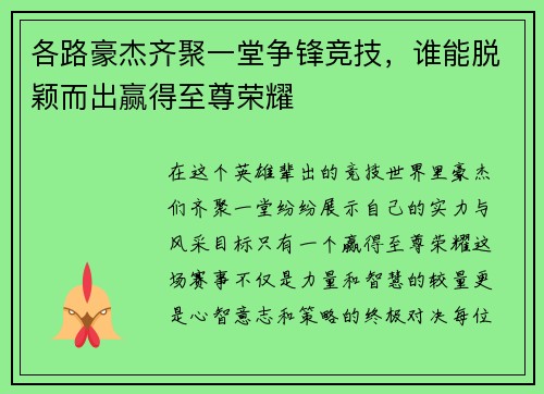 各路豪杰齐聚一堂争锋竞技，谁能脱颖而出赢得至尊荣耀