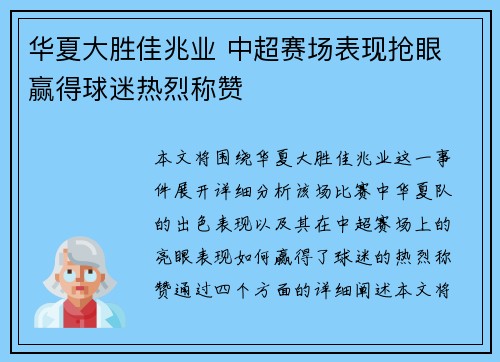 华夏大胜佳兆业 中超赛场表现抢眼 赢得球迷热烈称赞