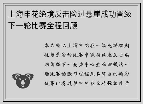 上海申花绝境反击险过悬崖成功晋级下一轮比赛全程回顾