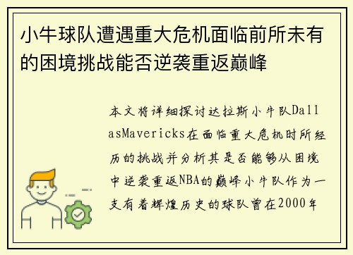 小牛球队遭遇重大危机面临前所未有的困境挑战能否逆袭重返巅峰