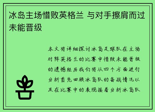 冰岛主场惜败英格兰 与对手擦肩而过未能晋级