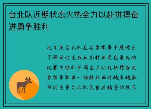 台北队近期状态火热全力以赴拼搏奋进勇争胜利