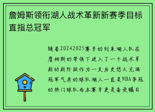 詹姆斯领衔湖人战术革新新赛季目标直指总冠军